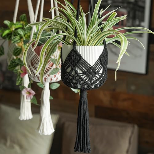 Hanging Planter with Patterns,2Packs Macrame Plant Hangers Indoor Macrame for up to 8 inch Pot Crochet Boho Plant Hanger Holder for Indoor Outdoor with 2S Shaped Stainless Steel Hooks (Black) - color: Black