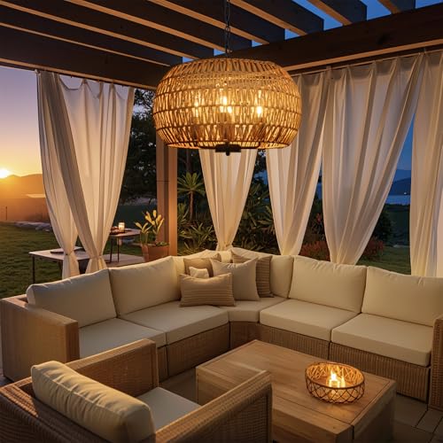 Outdoor Solar Chandelier, 4-Light 19" Rattan Outdoor Chandelier, Hanging Pendant Lights, Waterproof, for Gazebo, Pergola, Porch, Patio