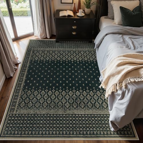 Joydeco Vintage Geometric Living Room Rugs 5x7, Boho Machine Washable Area Rugs for Bedroom Non Slip, Soft Ultra Thin Indoor Floor Carpet for Entryway Dining Room Home Office, Black/Grey - color: Black, size: 4'11" x 6'11" (Rectangular)