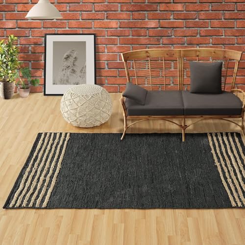 GRUHUM Black Jute Area Rug 4x6 ft - Natural Fiber Rectangular Black Leather Handwoven Boho Farmhouse Soft Braided Vintage Rustic Eco Friendly Rugs Indoor Living Room Kitchen Hallways Enterways 4x6ft - color: Natural Black- 20, size: 4' x 6' (Rectangular)