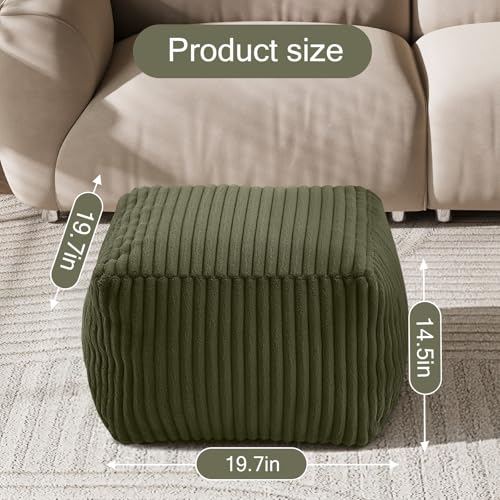 MeMoreCool Square Stuffed Pouf Ottoman Foot Rest, Stripe Furry Floor Pouf Foot Stool with Foam Chunk Filling, Soft Fluffy Stuffed Ottoman Footrest for Living Room, Faux Fur Green - color: Ribbed Green
