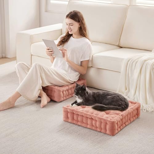 Intelligent Design Floor Pillow - Shredded Foam Filled Meditation & Yoga Cushion, Chenille Tufted, Handsewn Scalloped Edge, Oeko-TEX Certified, Azza, 20" x 20" x 5" Dusty Peach - color: Dusty Peach
