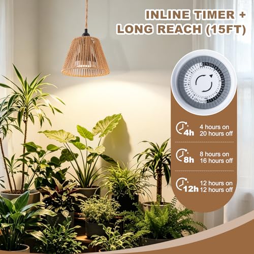 Hanging Grow Light, 30W LED Lamp with Timer for Indoor Plants | 4000K LED plant lamp with 15 ft cord, outlet timer, and boho paper rope shade for succulents, herbs, and low-light rooms. - color: Cone