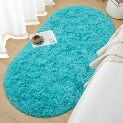 Goideal Fluffy Bedroom Rug, Small Oval Area Rugs, Teal Shag Bedside Carpet for Kids Room Nursery Dorm Cute Fuzzy Indoor Decor for Boy and Girl, 2.6 x 5.3 Feet - color: Teal