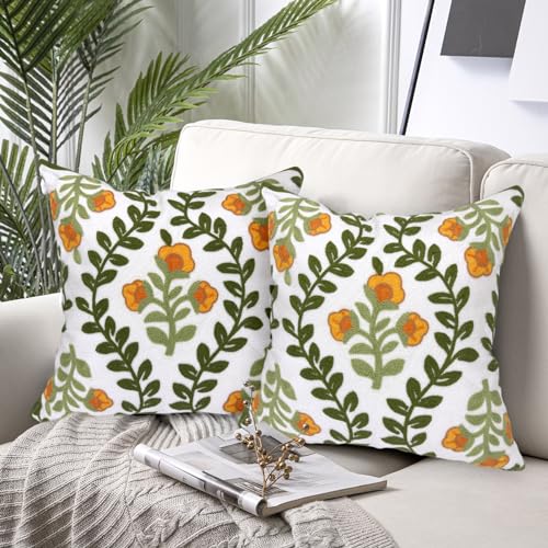 Alysheer Floral Embroidered Summer Decorative Throw Pillow Covers 18"x 18" Set of 2, Farmhouse Cottage Orange Flowers Green Leaves Knit Patterned Cotton Canvas Cushion Case for Couch Bed Living Room - color: Orange Green, size: 18" x 18" (Pack of 2)