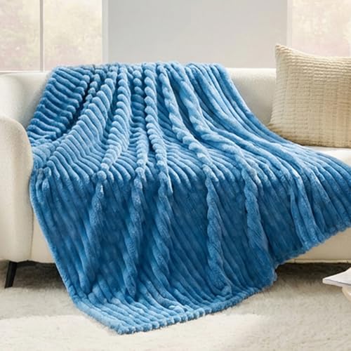 Blue Striped Throw Blanket, 330GSM Soft Plush Fleece Blanket for Couch Sofa Travel, Decorative Cozy Giftable Home Blanket, 50x60 Inches - color: Blue, size: Throw(50"x60")