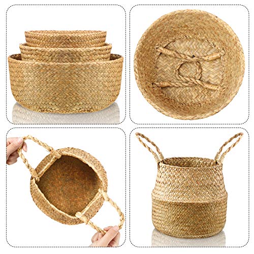 Patelai 3 Set Seagrass Belly Storage Basket Woven Plant Pot Holder with Handles for Plants Picnic Grocery Laundry(Natural Color)