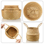 Patelai 3 Set Seagrass Belly Storage Basket Woven Plant Pot Holder with Handles for Plants Picnic Grocery Laundry(Natural Color)