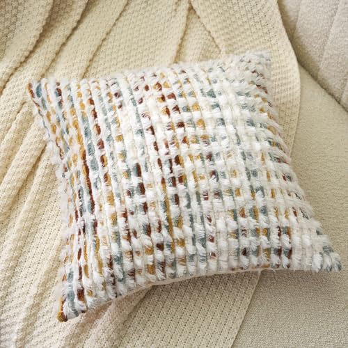 Aeckself Boho Chenille Tufted Pillow Cover 24 x 24 Inch, Decorative Square Big Throw Pillow Cover Neutral Pillowcase for Couch Bedroom Living Room, Orange White - color: Orange White, size: 24" x 24" (Pack of 1)