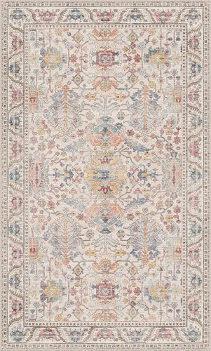 Bavni Area Rug 3x5, Non-Slip Washable Rugs for Living Room Office, Boho Distressed Printed Rug, Low Pile Foldable Decorative Carpet for Bedroom Kitchen Office, Retro Multi - color: Retro Multi, size: 3' x 5' (Rectangular)