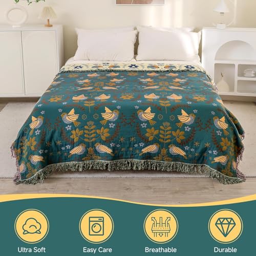 100% Cotton Boho Throw Blanket for Couch 4-Layer Gauze Ultra Soft Breathable Rustic Quilt 50" x 60" Birds and Floral Muslin Blanket for Sofa Chair Bed Couch Chair Home Decor,Teal - color: Animal Spring Bird, size: 50"x60"