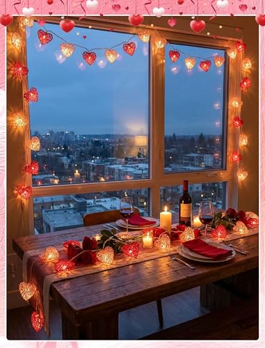 8.5ft Valentine’s Day Heart String Lights Plug in, Vintage Rattan Lights with 10 LED Red Pink Shatterproof Bulbs, Fairy Lights for Indoor Outdoor Home Decor Wedding Party Birthday, Warm White - color: Rattan Red Pink Heart