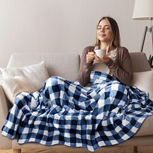 PAVILIA Buffalo Check Fleece Throw Blanket | Blue White Checkered Plaid Flannel Blanket | Soft Velvet Lightweight Microfiber Blanket for Couch Sofa | 50x60 Inches Checker Navy - color: Checker Navy, size: 50 x 60 Inches - Throw