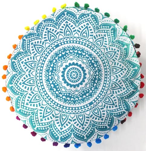 INDIAN CRAFT CASTLE ICC Mandala Barmeri Large Floor Pillow Cover Cushion Meditation Seating Ottoman Throw Cover Hippie Decorative Zipped Bohemian Pouf Ottoman Cases Green Ombre 16" Round - color: Green, size: 16"D x 16"W x 5"H
