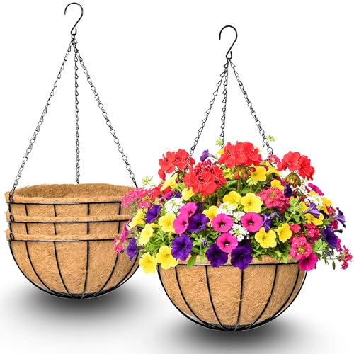4 Pack 12 Inch Hanging Baskets for Plants Outdoor Metal Hanging Planters Round Hanging Flower Pots with Coco Coir Liner Plant Holder for Outdoor Patio Garden Balcony Decor - Watermelon - color: Watermelon