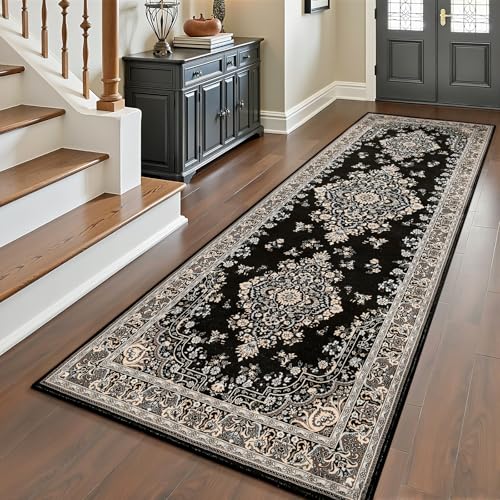 HOMORE Runner Rug 2.6x8 Hallway Runner Rug for Entryway Non Slip Washable Bedroom Rugs Low Pile Floor Carpet Rugs for Kitchen Indoor Front Entrance Laundry Living Room Dorm, Black - color: Black, size: 2'6" x 8' (Rectangular)