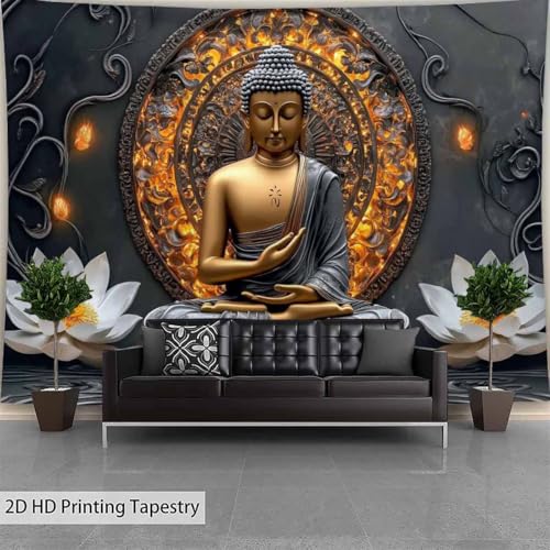 FENDROM Sitting Golden Buddha Tapestry Wall Hanging Buddhist Statue Tapestries White Lotus Meditation Wall Decor Zen Art Psychedelic Indian Wall Blanket for Bedroom Living Room Home Decor - color: Grey, size: 79"L x 59"W