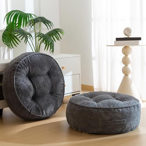HIGOGOGO 8" Extra Thick Floor Pillow Cushion for Adults, Meditation Cushion Pillow, Large Round Floor Sitting, Tufted Corduroy Cover, for Tatami Living Room or Yoga, 22x22 Inch, 2Pack, Dark Grey - color: Round Dark Grey, size: 8" Thick(Pack of 2)
