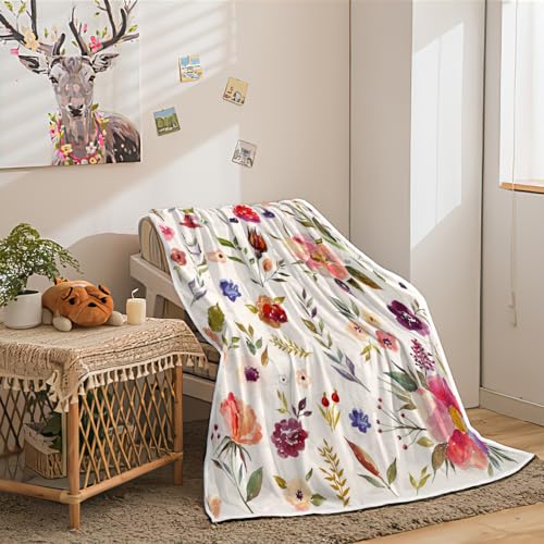 Boho Floral Blankets Pink Floral Throw Blanket, Soft, Flannel, Warm, Colorful Watercolor Flowers Throw Blanket, Botanical Flowers Bed Throws for Couch Bedroom Living Room 60X80 Inch - color: Pink, size: 60 X 80