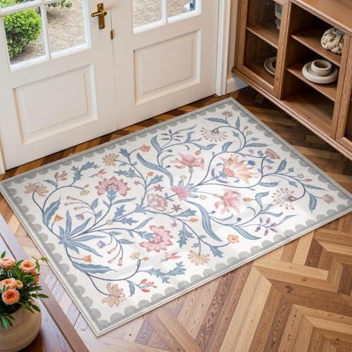 Lahome Boho Floral 2x3 Small Bathroom Rugs Non Slip Washable, Grey/Beige Kitchen Rugs for Entryway, Soft Indoor Carpet Throw Rug for Laundry Indoor Door Mat (Grey/Beige,2x3) - color: Grey/Beige, size: 2' x 3' (Rectangular)