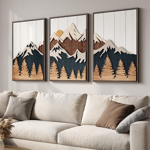 Framed Textured Wood Mountain Wall Art for Living Room, Large 3 Piece 3D Wood Farmhouse Artwork for Walls, Boho Landscape Mountain Forest Sun Wall Art Decor for Bedroom Office Hallway, 24x36 Inch - color: Neutral Blue White, size: 24" W x 36" H x 3Pcs