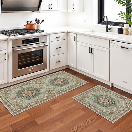 TOPRUUG Washable Entryway 2x5 Rug - Small Throw Runners for Kitchen Bathroom Bedroom Non-Slip Ultra-Thin Indoor Door Mat Indoor Entrance - Stain Resistant Vintage Home Decor (Green, 2X5) - color: Green, size: 2' x 5' (Rectangular)