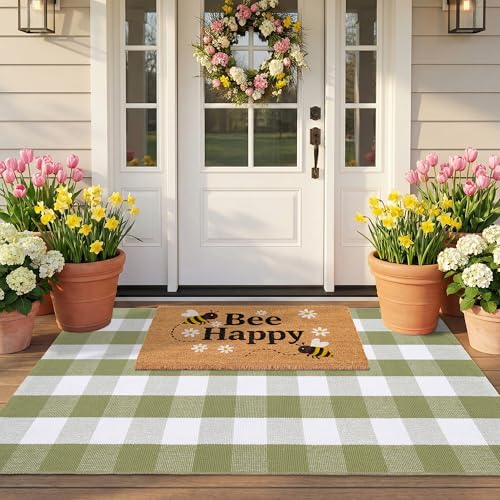 Bee Happy Layered Doormat Set, Spring Door Mat with Printed Coir Welcome Mat and Plaid Layering Doormat, Farmhouse Front Door Entryway Decorative Porch Mat (Green, 3' x 5') - color: Green, size: 3' x 5' (Rectangular)