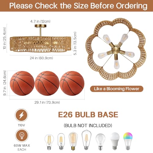 24” Boho Rattan Ceiling Light Fixture, Hand-Woven Wicker Flush Mount Chandelier, Rustic Coastal Scalloped Gold Base Semi Flush Lighting for Bedroom, Dining Room, Kitchen, Foyer, Living Room - color: Rattan A