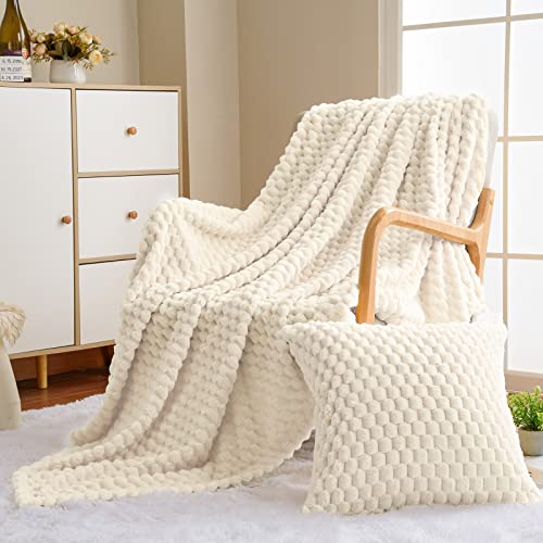 Vessia Flannel Fleece Throw Blanket(50x71inch) with Pillow Cover(18x18Inch), 3D Jacquard Cream Fuzzy Blanket for Couch,Sofa,Bed,Chair, 300GSM Super Soft Cozy Lightweight Throw for All-Season - color: Cream-3d, size: 50x71 inch + Pillow Cover