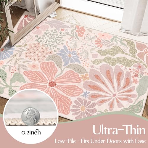 MUJOO Pink 2x3 Washable Rug Floral Small Area Rugs for Entryway Kitchen Bathroom,Non Slip Throw Carpet for Bedroom Entrance Door Mat Boho Modern Abstract Botanical Flower - color: Pink, size: 2' x 3' (Rectangular)