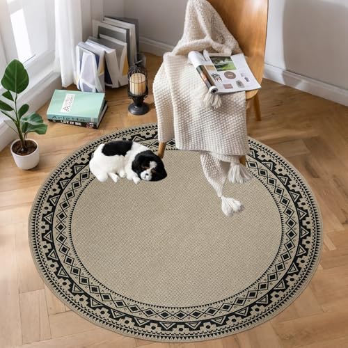 Round Easy Jute Rug 4Ft Boho Carpet for Farmhouse Cottage Bedroom Living Room Entryway Balcony Patio, Circle Black Geometric Washable Low Pile Thin Floor Mat, Indoor Outdoor Home Decor - color: Boho, size: 4'