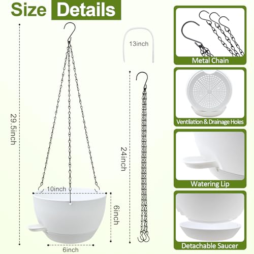 WOUSIWER Self Watering Hanging Planters, 2 Pack 10'' Plastic Pots with Drainage Holes & Reservoir Tray (White) | Indoor & Outdoor Use for Ferns, Ivy, Herbs, Succulents - color: White, size: 2 Pack 10 inches
