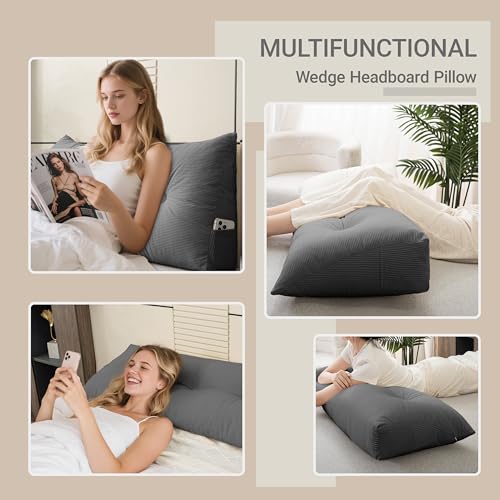 Headboard Pillow Bed Wedge Pillow for Headboard with Side Pockets Dorm Headboard Twin XL Long Back Pillow for Bed Bolster Pillow for Mattress Gap Filler - color: Grey