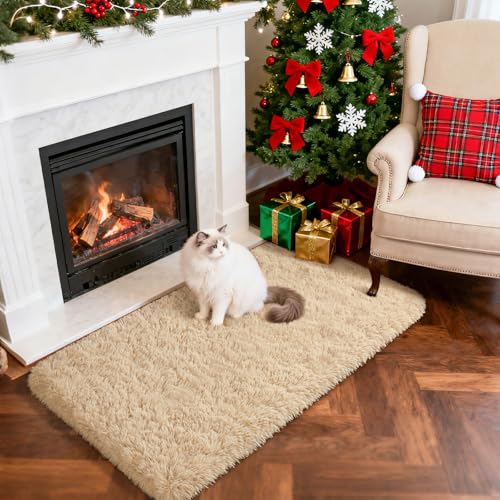 Merelax Modern Soft Fluffy Small Shaggy Rug for Bedroom Livingroom, Soft Non-Slip Kids Room Entryway Throw Rugs, Plush Furry Fur Area Rugs Comfy Nursery Accent Floor Carpet 2x3 Feet, Beige - color: Light Tan, size: 2' x 3' (Rectangular)