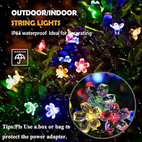 Outdoor Flower String Lights, 33ft Black Wire Fairy Lights with 100 LED Lighted Cherry Blossom for Indoor/Outdoor Backyard, Patio, Garden, Party, Christmas Decoration (Black Wire-Multicolored) - color: Multi-Flower-Black Wire