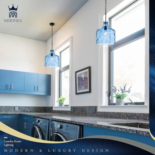 Farmhouse Pendant Light – Hand-Blown Blue Hammered Glass Shade, Black Finish, E26 Socket, Adjustable Chain Hanging Light Fixture for Kitchen Island, Dining Room & Hallway, 15" H x 12" D - color: Chain Blue