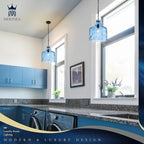 Farmhouse Pendant Light – Hand-Blown Blue Hammered Glass Shade, Black Finish, E26 Socket, Adjustable Chain Hanging Light Fixture for Kitchen Island, Dining Room & Hallway, 15" H x 12" D - color: Chain Blue
