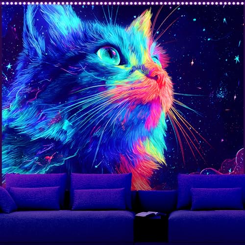 AOHMPT Blacklight Tapestry Glow in the Dark Tapestry Cat Design 79'' × 59'' Inch Wall Hanging Decor for Bedroom Living Room - color: Cat, size: 79"L x 59"W