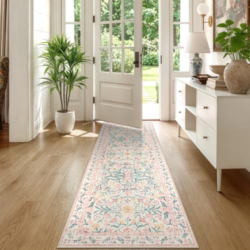 Morebes Boho Hallway Runner Rug 2x6, Pink Floral Kitchen Runner Rugs for Bedroom Girls, Washable Non Slip Super Soft Indoor Throw Carpet for Bathroom Laundry Room Entryway - color: Pink, size: 2' x 6' (Rectangular)