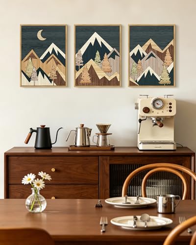 KUVIOKE Morden Mountains Framed Wall Art Boho Pine Tree Forest Nature Landscape Artwork Bohemain Farmhouse Rustic Home Decor 11x14in (Natural Framed) - color: Wooden Mountain, size: 11 x 14in x 3 Panels Natural