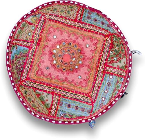 Indian Pouf Footstool Ethnic Embroidered Pouf Cover, India Cotton Round Pouffe Ottoman Pouf Cover Pillow Ethnic Decor Art-Cover Only-Indian Ottoman poufs - color: Alteration-mirror, size: 22"D x 22"W x 14"H