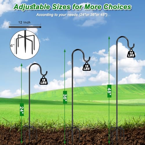 48 Inch Shepherds Hooks for Outdoor, Heavy Duty Bird Feeder Pole with 5 Prong Bases, Garden Hanging Stake for Bird Feeder, Solar Light, Plant Hanger, Wedding Decor, Metal Hanger Hooks, Black, 2 Packs - size: 48 Inch, style: 2 Pack
