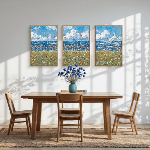 BICERE Large Blue Seaside Wildflower Framed Canvas Wall Art,Modern Nature Ocean Wall Decor,Rustic Sky Printing,White Cloud Landscape Artwork for Living Room,Bedroom,Dining Room-24"x36"x3 - color: Seaside Flowers Wall Art, size: 36"L x 24"W