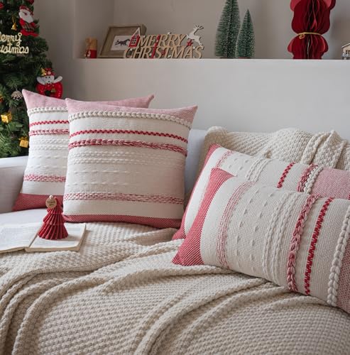 Christmas Lumbar Pillow Covers 14x36 Inch Long, Red Textured Boho Christmas Decoration Pillow Cases for Farmhouse Home Decor, Accent Cushion Cover for Sofa, Bed, Living Room, Bedroom, Pack of 1 - color: Red, size: 36" x 14" (Pack of 1)