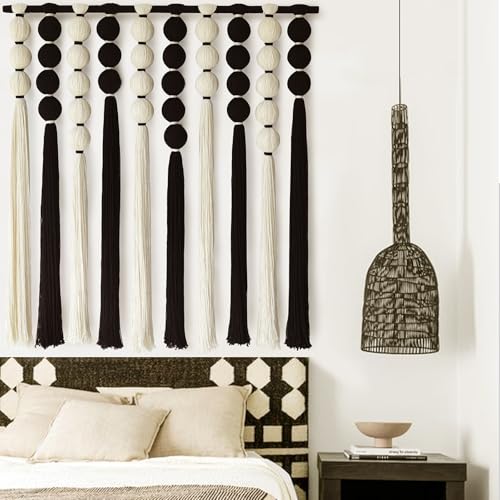 IOWER Large Macrame Wall Hanging Macrame Wall Decor Black and White Sphericity Cotton Textile Wall Hanging Boho Wall Decor Art Fiber Yarn Art Handmade 39" Wx39 L - color: Black and White