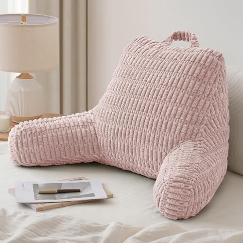 Blissful Diary Reading Pillow, Large Backrest Pillow with Shredded Memory Foam for Adult & Children, Designed for Bed and Couch Sitting Up, Includes Arms, Pockets and Washable Cover, Pale Pink - color: Textured Pale Pink, size: Large(20inch)