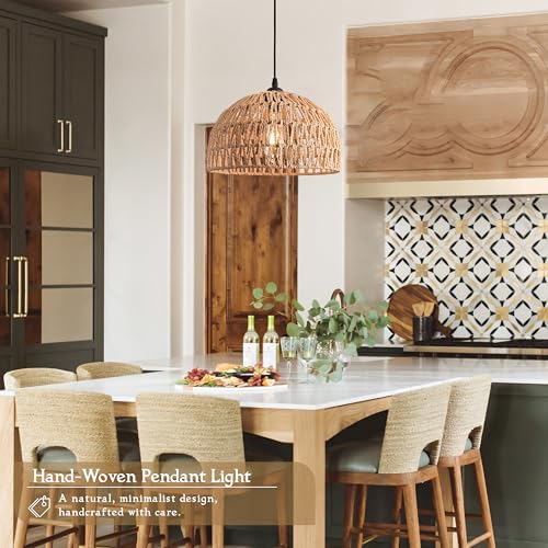 Brown Rattan Light Fixture 15ft Plug In Pendant Light Woven Pendant Light Boho Chandelier Wicker Pendant Light Boho Pendant Light Plug In for Dining Room Kitchen Island Bedroom(Bulb Incl.) - color: 12.2" Natural Plug In