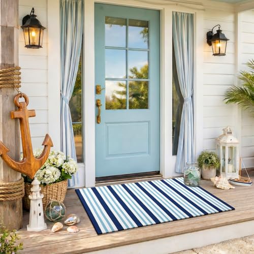 Moucuny Navy White and Blue Striped Rug, 2' x 3' Coastal Navigation Theme Summer Rug Outdoor Front Porch Door Mat Welcome Layering Rustic Washable Doormat for Entryway Farmhouse Decor - color: Navy White Blue, size: 2' X 3', style: Vertical Stripe