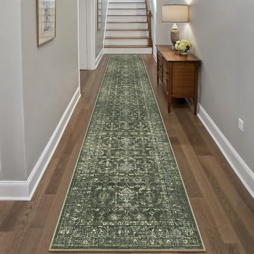 2x12 Green Runner Rug Hallway Washable Area Rugs Kitchen Vintage Boho Non Slip Long Rug Floral Carpet Indoor Retro Soft Low Pile Throw Rug for Bedroom Bathroom Laundry Dining Living Room Office - color: Dark Green, size: 2' x 12' (Runner)