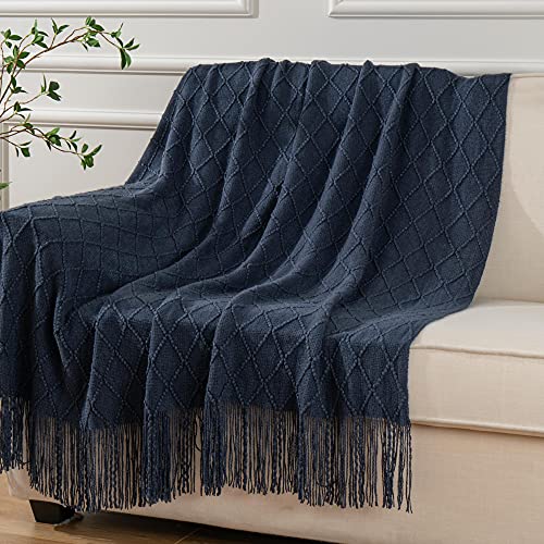 BATTILO HOME Navy Blue Throw Blanket with Fringe, Geometric Bed Blue Throws, Spring Decorative Large Throw for Couch Sofa Indoor Outdoor, 52"x80" - color: Navy, size: 52 x 80 in.
